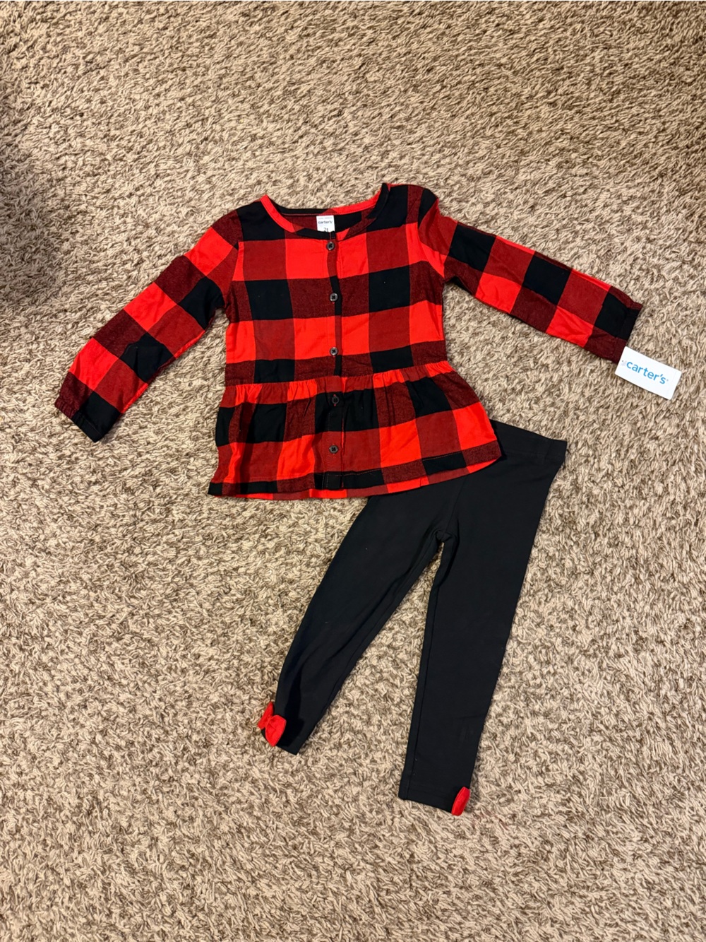Carter's 2 Piece Set- Red and Black Buffalo Plaid Peplum Top with Black Leggings